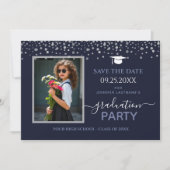 Blue Photo Graduation Party日付の保存 招待状 (正面)