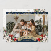 Blue Photo Holly Snowflakes Season's Greetings シーズンカード (正面/裏面)