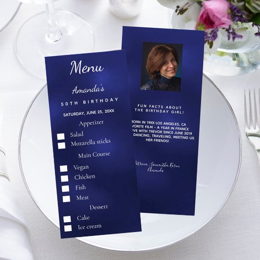 Blue photo meal options fun facts birthday menu ラックカード