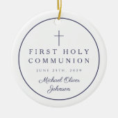 Blue Photo Religious Cross Boy First Communion セラミックオーナメント (正面)
