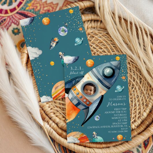 Blue Photo Rocket First Trip Around the Sun Space 招待状