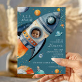 Blue Photo Rocket First Trip Around the Sun Space 招待状