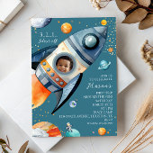 Blue Photo Rocket First Trip Around the Sun Space 招待状