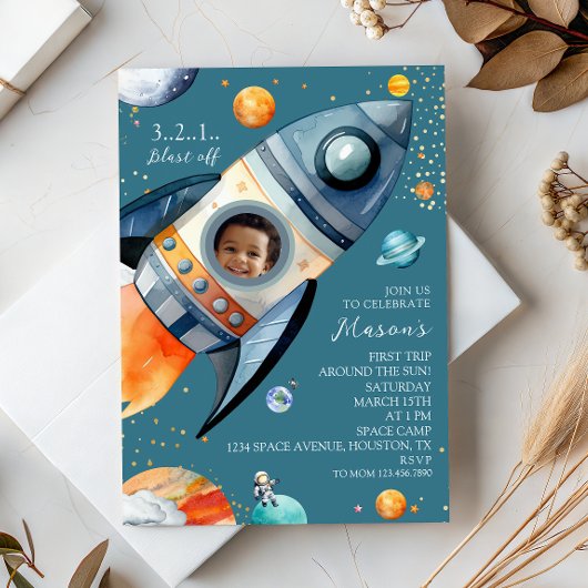 Blue Photo Rocket First Trip Around the Sun Space 招待状