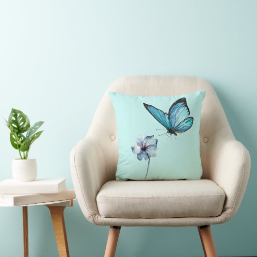 Blue Pillow with Butterfly and Blue Flower クッション (椅子)