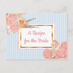 Blue PInkヴィンテージバードフローラ結婚のレシピカード ポストカード