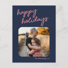 Blue Pink 1-Photo Happy Holidays Script シーズンポストカード