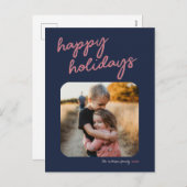 Blue Pink 1-Photo Happy Holidays Script シーズンポストカード (正面/裏面)