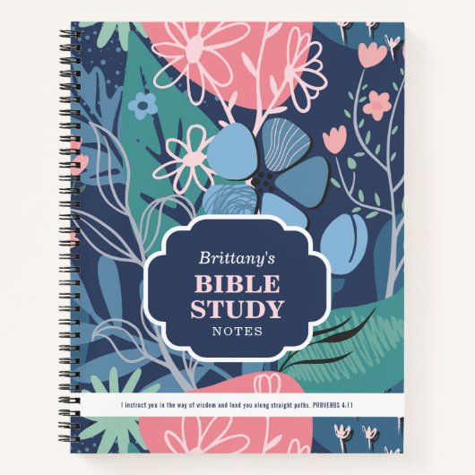 Blue Pink Abstract Floral Personalized Bible Study ノートブック (正面)
