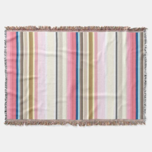 Blue, pink, almond and coffee stripes スローブランケット (正面)