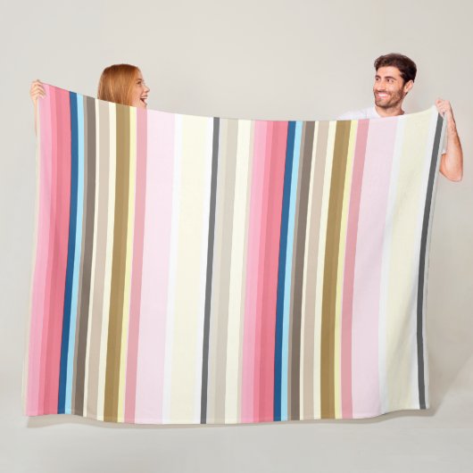 Blue, pink, almond and coffee stripes フリースブランケット (インサイチュ)