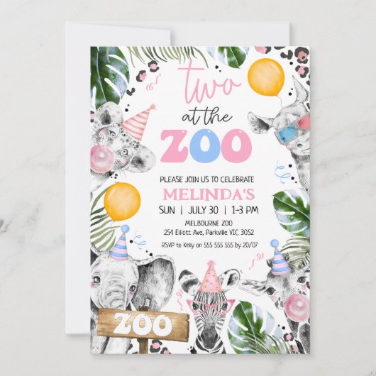 Blue Pink Drawn Safari Two The Zoo 2nd Birthday 招待状 (正面)