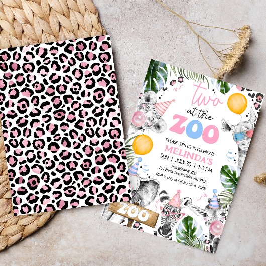 Blue Pink Drawn Safari Two The Zoo 2nd Birthday 招待状