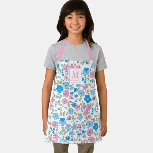 Blue Pink Floral Monogram Apron エプロン (インサイチュ)