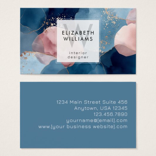 Blue Pink Gold Monogram Modern Business Card (正面&裏面)
