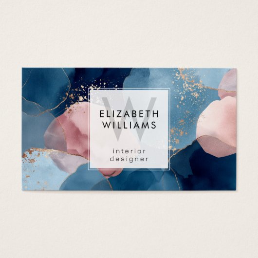 Blue Pink Gold Monogram Modern Business Card (正面)