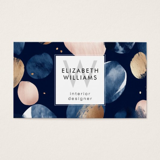 Blue Pink Gold Monogram Modern Business Card (正面)