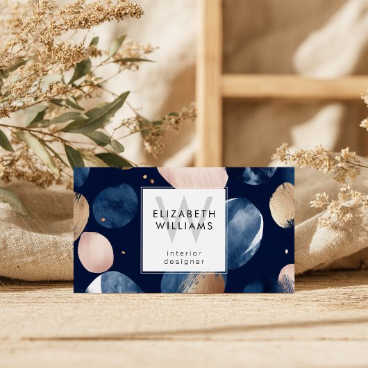 Blue Pink Gold Monogram Modern Business Card