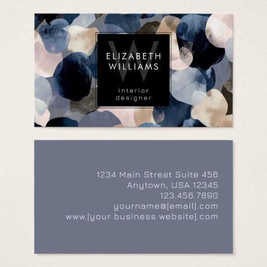 Blue Pink Gray Monogram Modern Business Card (正面&裏面)
