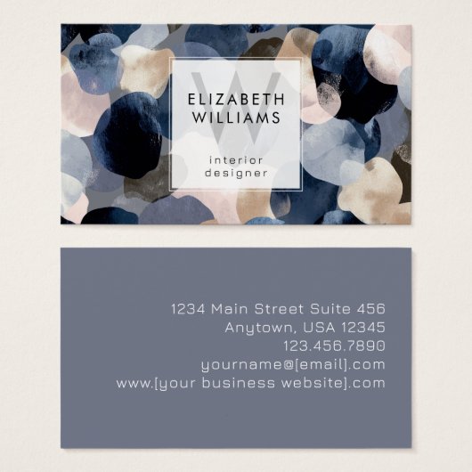 Blue Pink Gray Monogram Modern Business Card (正面&裏面)