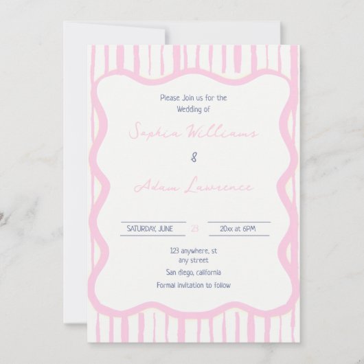Blue pink Hand Written Pinstripe Whimsical Wedding 招待状 (正面)