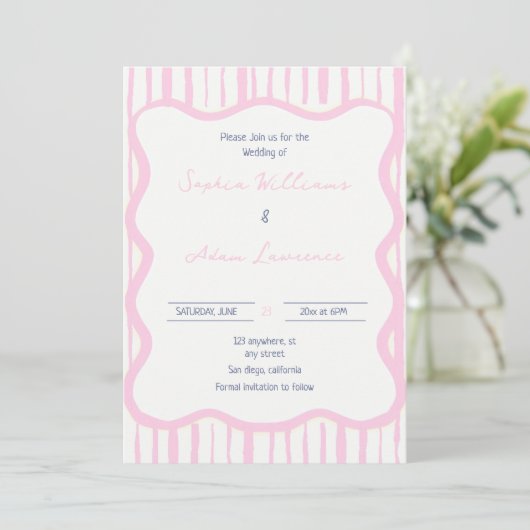 Blue pink Hand Written Pinstripe Whimsical Wedding 招待状 (スタンド正面)