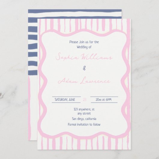 Blue pink Hand Written Pinstripe Whimsical Wedding 招待状 (正面/裏面)