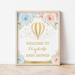 Blue Pink Hot Air Balloon Baby Shower Welcome ポスター