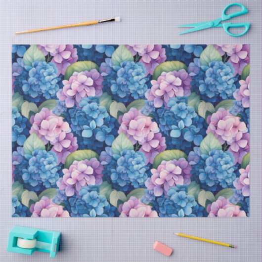 Blue Pink Hydrangeas Decoupage  薄葉紙 (クラフト)