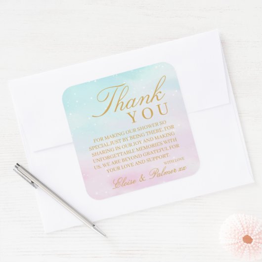 Blue Pink Ombre Gender Reveal Baby Shower Thank スクエアシール (封筒)