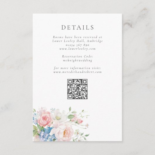 Blue & Pink Pastel Floral QR Wedding Details エンクロージャーカード (正面)