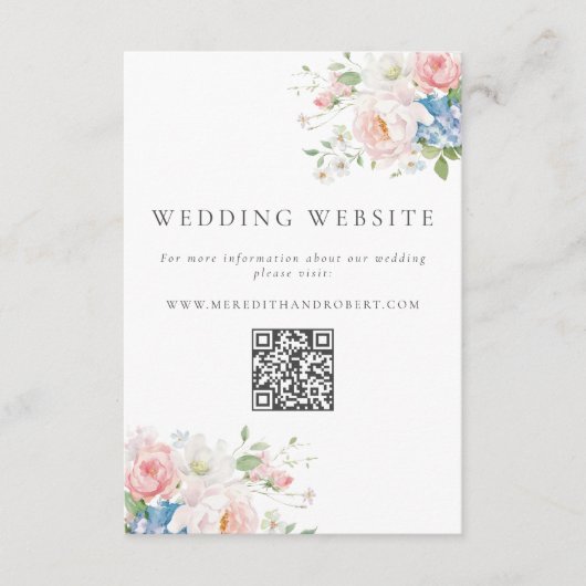 Blue & Pink Pastel Floral QR Wedding Website エンクロージャーカード (正面)