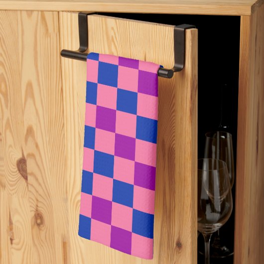 Blue Pink Purple Checkered Pattern Design  キッチンタオル (三つ折り)