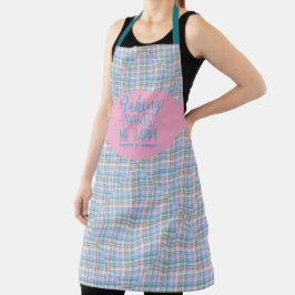 Blue Pink Purple Plaid Baking Makes Me Happy エプロン