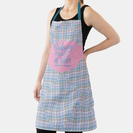 Blue Pink Purple Plaid Baking Makes Me Happy エプロン (インサイチュ)