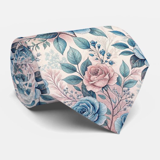 Blue & Pink Rose Pattern on Soft Pinkish-White ネクタイ (ロール)