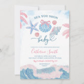 Blue Pink Sea You soon Baby shower Invitation 招待状 (正面)