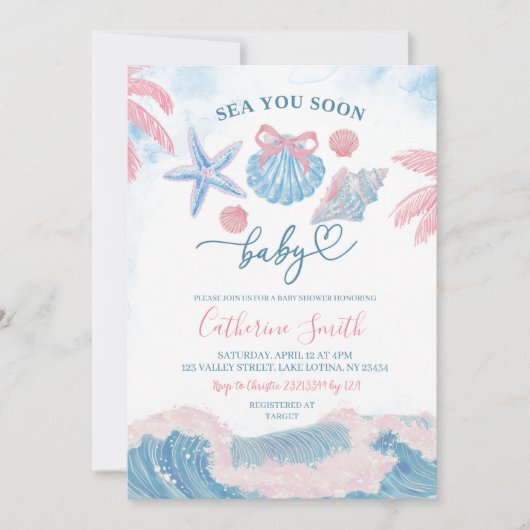 Blue Pink Sea You soon Baby shower Invitation 招待状 (正面)