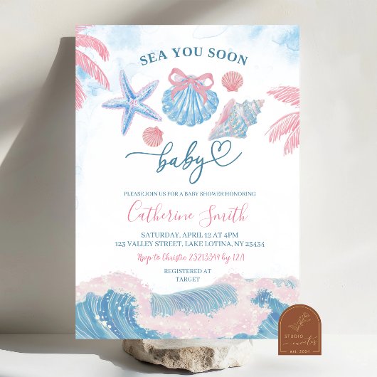 Blue Pink Sea You soon Baby shower Invitation 招待状