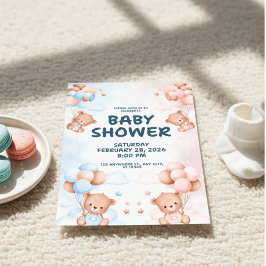 Blue Pink Teddy Bear Gender Reveal Baby Shower 招待状