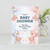 Blue Pink Teddy Bear Gender Reveal Baby Shower 招待状 (スタンド正面)