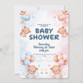 Blue Pink Teddy Bear Gender Reveal Baby Shower 招待状 (正面)