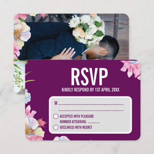 Blue Pink Watercolor Flowers Wedding  出欠カード (正面/裏面)