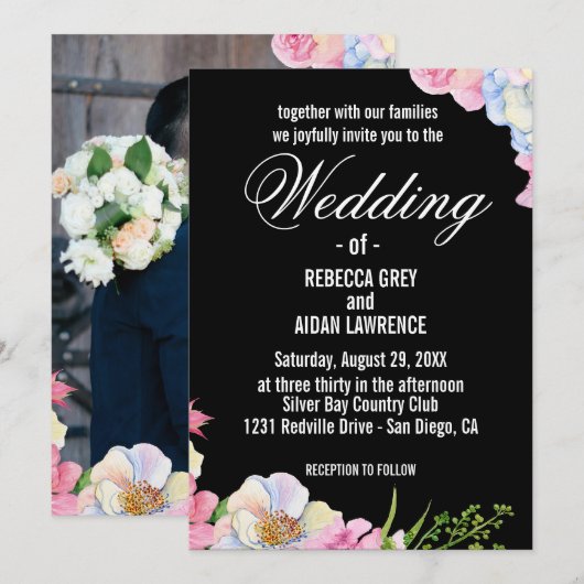 Blue Pink Watercolor Flowers Wedding  招待状 (正面/裏面)