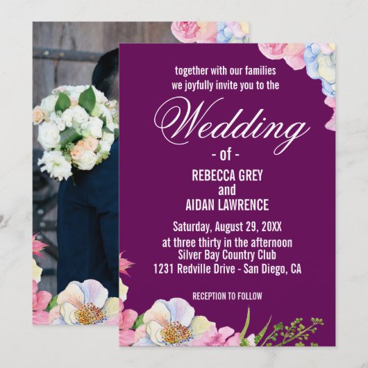 Blue Pink Watercolor Flowers Wedding  招待状 (正面/裏面)