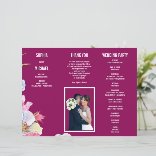 Blue Pink Watercolor Flowers Wedding Program Flyer (スタンド正面)