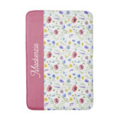 Blue Pink Watercolor Wildflower Monogram バスマット (正面縦)