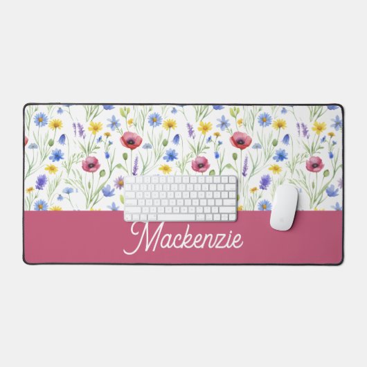 Blue Pink Wildflower Botanical Custom Name デスクマット (キーボード&マウス)
