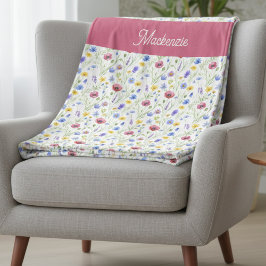Blue Pink Wildflower Botanical Custom Name フリースブランケット