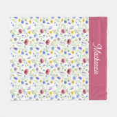 Blue Pink Wildflower Botanical Custom Name  フリースブランケット (正面(横))